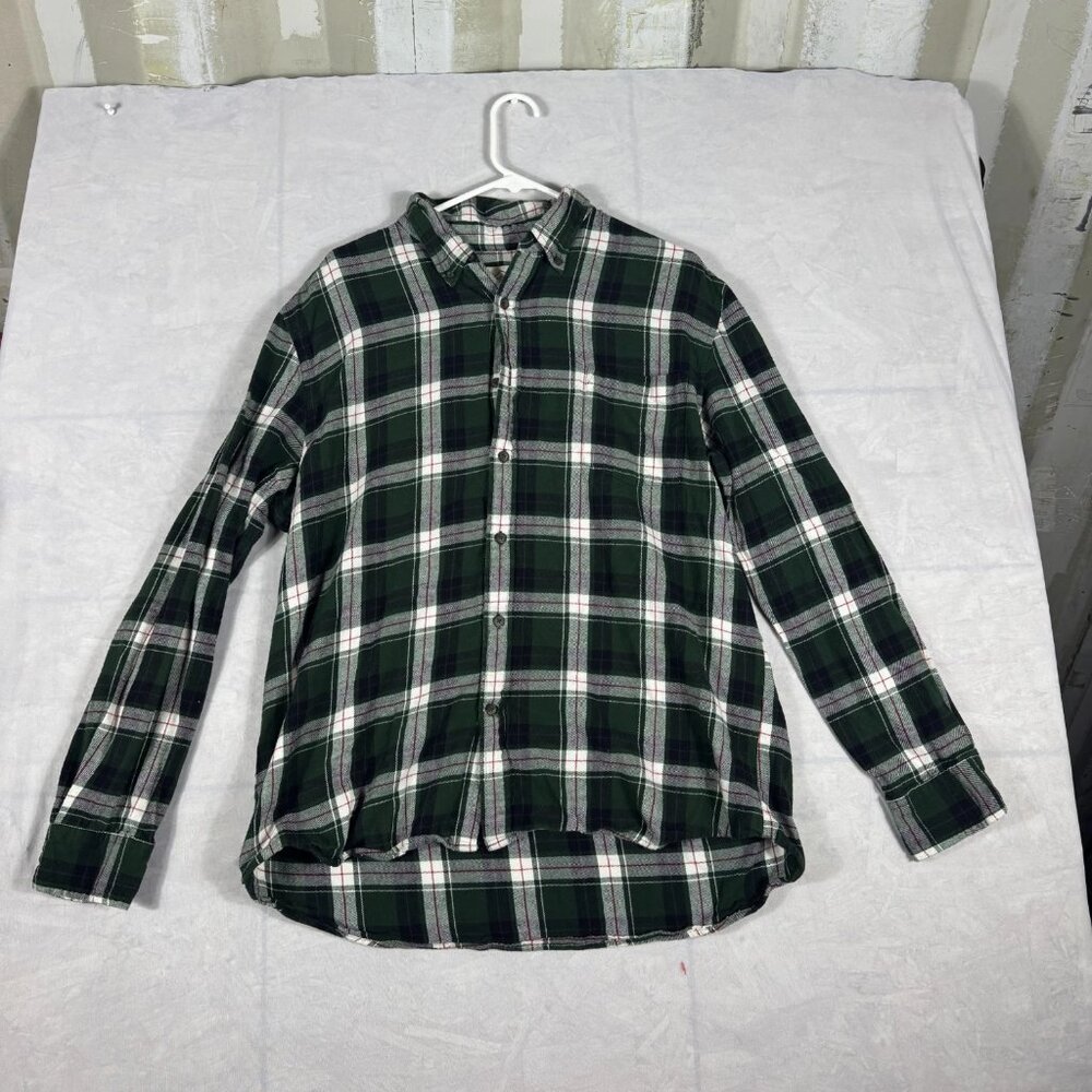 St‎ Johns Bay Button Up Flannel Shirt Mens Green White Plaid Classic Size L